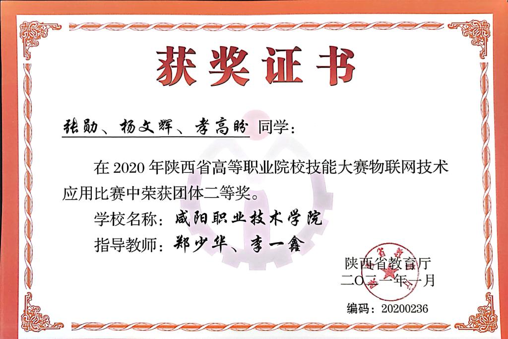 2020年陕西省高等职业院校技能大赛物联网技术应用比赛中荣获团体二等奖